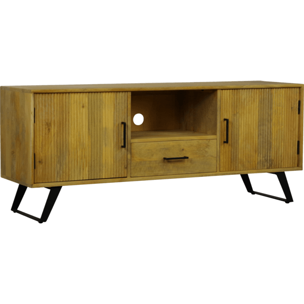 Boyd A mangohout tv kast van 145 cm met 3 deuren en zwart metalen poten, geschikt voor woonkamerinrichting.